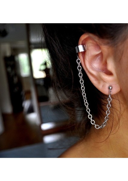 Zincir Tekli Kıkırdak Küpe Antik Gümüş Kaplama