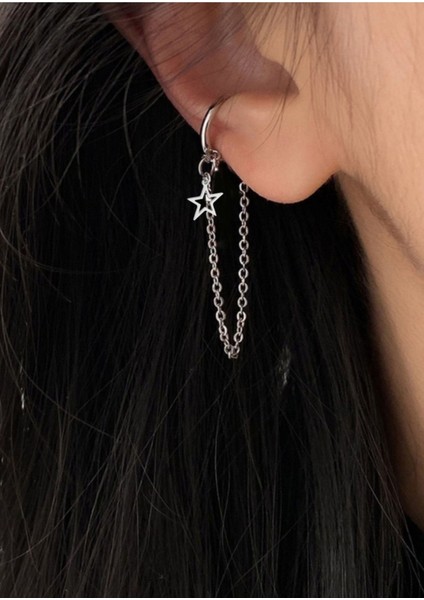 Yıldız Detaylı Deliksiz Kıkırdak Küpe, Ear Cuff Kadın Küpe