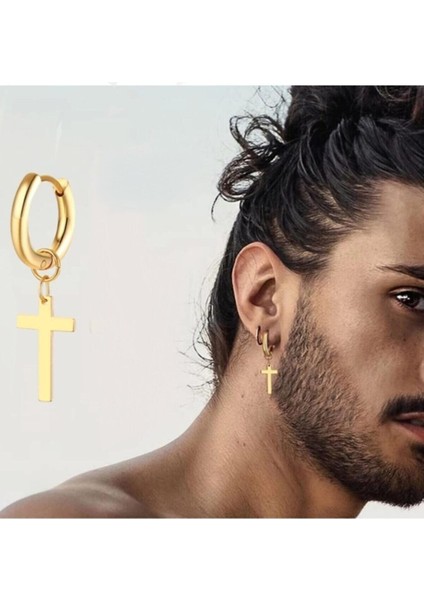 Cerrahi Çelik Gold Haç Sallantılı Küpe