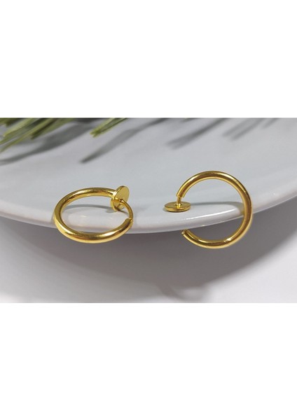 Çelik Gold Renk Yaylı Sıkıştırmalı Halka Küpe, Kararma Yapmaz, 2 Li Set, 12 mm