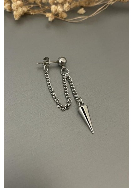 Unisex Gümüş Renk Zincir Sallantılı Mızrak Çelik Top Küpe