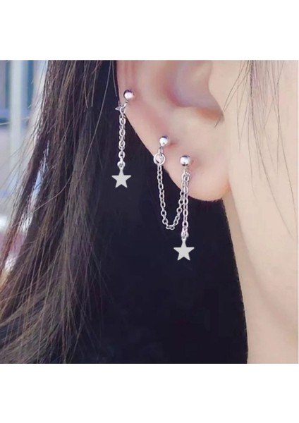 3'lü Zincirli Yıldız Detaylı Kıkırdak Küpe