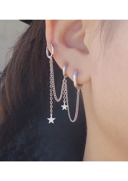 Yıldızlı 3'lü Set Küpe, Kıkırdak Küpe, Kadın Küpe