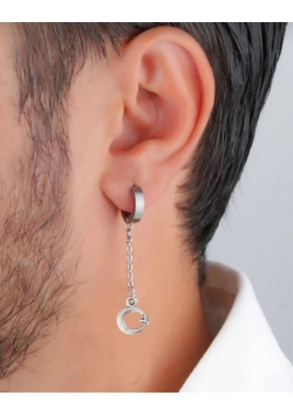 Çelik Ay Yıldız Sallantılı Halka Erkek Küpe