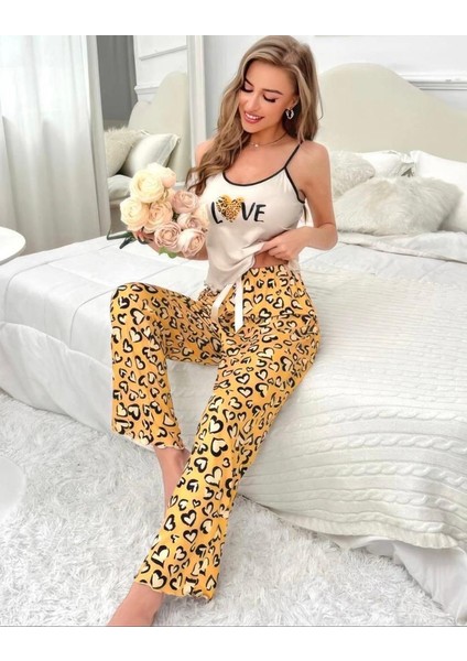 Askılı Leopar Desenli Kadın Pijama Takımı