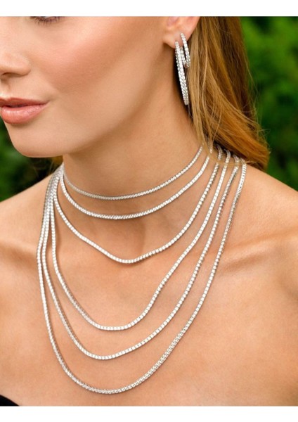 Kristal Taşlı Gümüş Renk Sıralı Uzun Kolye, Kadın Kolye