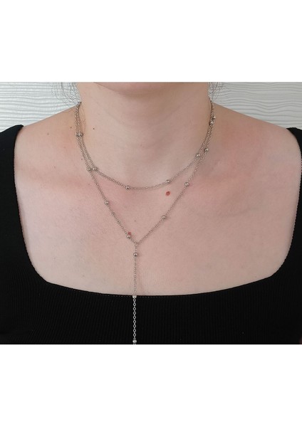Ikili Top Zincir Kadın Kolye, Sarkıntılı Kolye Silver