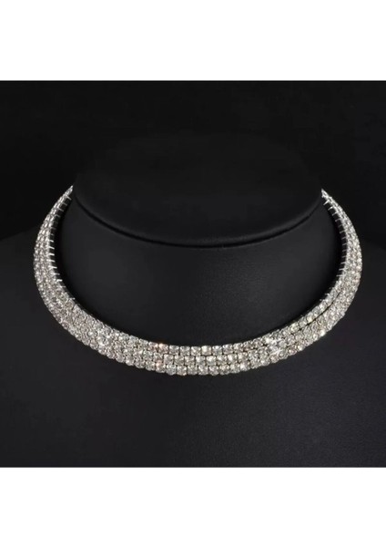 Kristal Taşlı Choker Boyun Kolye 3 Sıra, Abiye Kolye, Taşlı Kolye