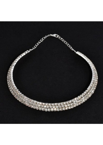 Kristal Taşlı Choker Boyun Kolye 3 Sıra, Abiye Kolye, Taşlı Kolye