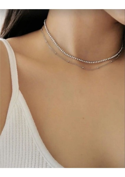 Kristal Taşlı ve Zincirli 2 Sıra Kolye Choker