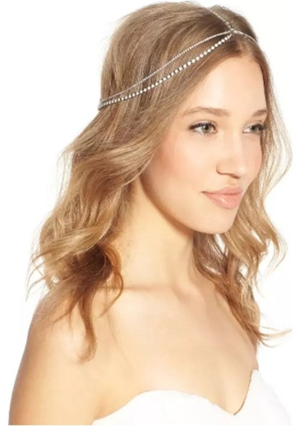 Kristal Taşlı Zincirli Saç Aksesuarı Gelin Tacı Nişan Nikâh Kına Tacı fiyatları