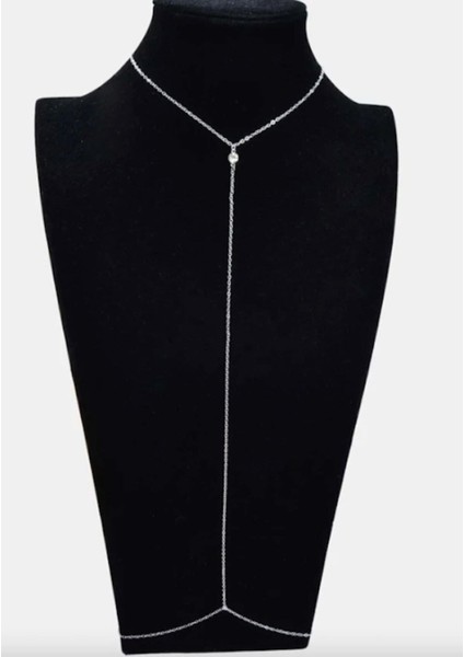 Kararmaz Kopmaz Tek Taş Detaylı Gümüş Renk Body Chain - Vücut Zinciri -Vücut Kolyesi