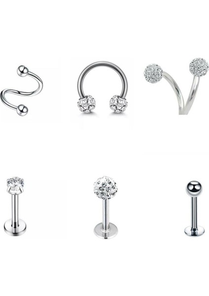 Gümüş Cerrahi Çelik Tragus Helix 6'lı Set Piercing