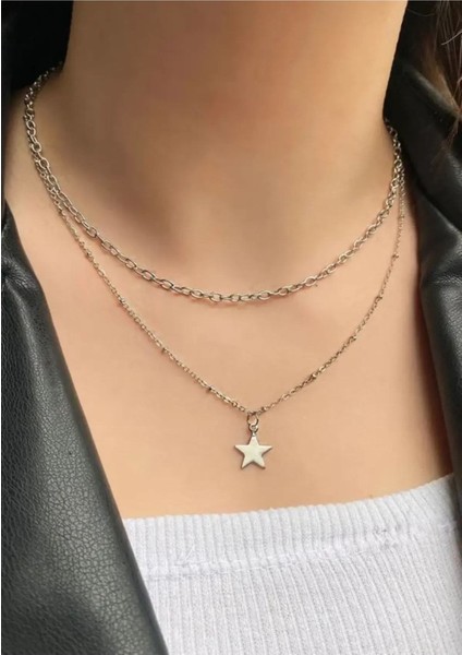 Yıldızlı Kolye, Gümüş Renk Kolye (Yıldız Desen) Klipsli ????