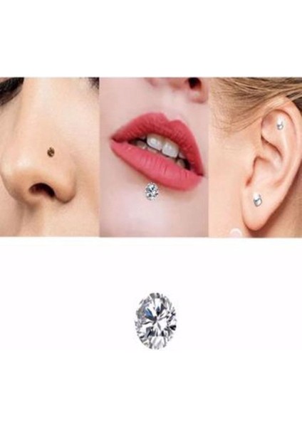 Deliksiz Ultra Güçlü Mıknatıslı Kulak Dudak Fake Piercing Tek Taş Gümüş Renk