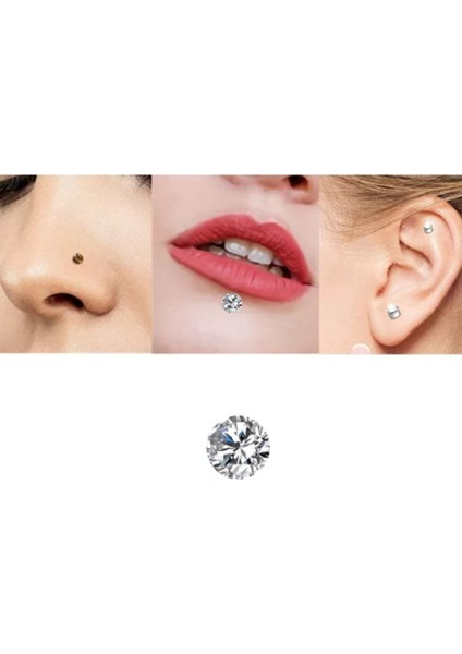 Deliksiz Ultra Güçlü Mıknatıslı Kulak Dudak Fake Piercing Tek Taş Gümüş Renk