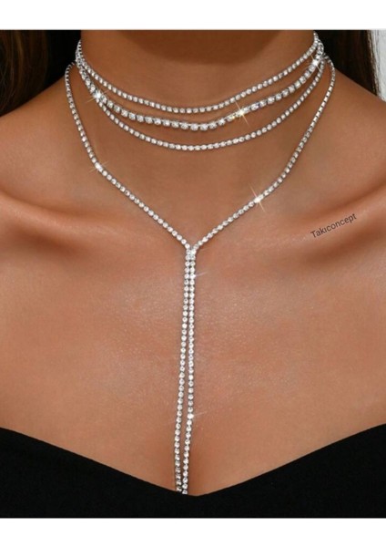 Gümüş Renk Taşlı Üçlü Choker Detaylı Uzun Kolye