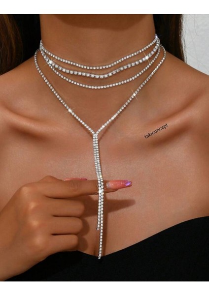 Gümüş Renk Taşlı Üçlü Choker Detaylı Uzun Kolye fiyatları