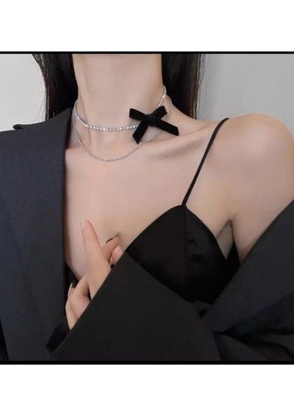 2'li Fiyonklu Choker Kadın Kolye, Taşlı Choker