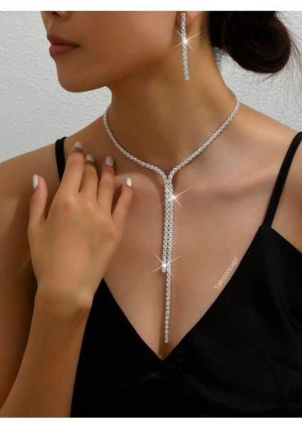 Kristal Taşlı Kolye Küpe Set Abiye Set Gelinlik Seti