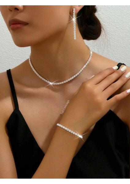 Kristal Taşlı Kolye Küpe Bileklik Üçlü Set Abiye Set Gelinlik Seti