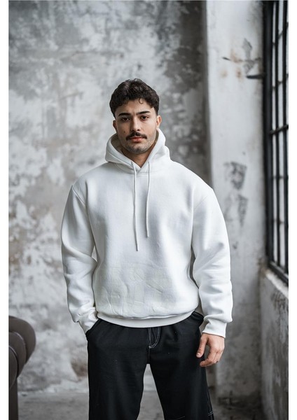 Erkek Basic Şardonlu Oversize Sweatshirt Beyaz