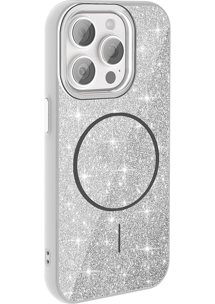 Apple iPhone 15 Pro Max Kılıf Magsafe Şarj Özellikli Parlayan Simli Zore Okso Kapak