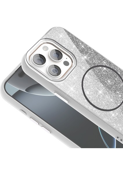 Apple iPhone 15 Pro Max Kılıf Magsafe Şarj Özellikli Parlayan Simli Zore Okso Kapak