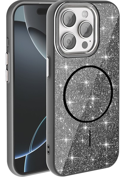 Apple iPhone 15 Pro Max Kılıf Magsafe Şarj Özellikli Parlayan Simli Zore Okso Kapak