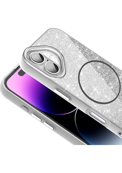 Apple iPhone 16 Plus Kılıf Magsafe Şarj Özellikli Parlayan Simli Zore Okso Kapak
