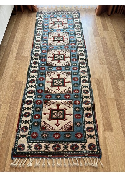 84 x 264 cm El Dokuma Uzun Yolluk, Mavi Bej Renkli Harika Kondisyonlu Yolluk, Vintage Severler Için Ev Dekoru