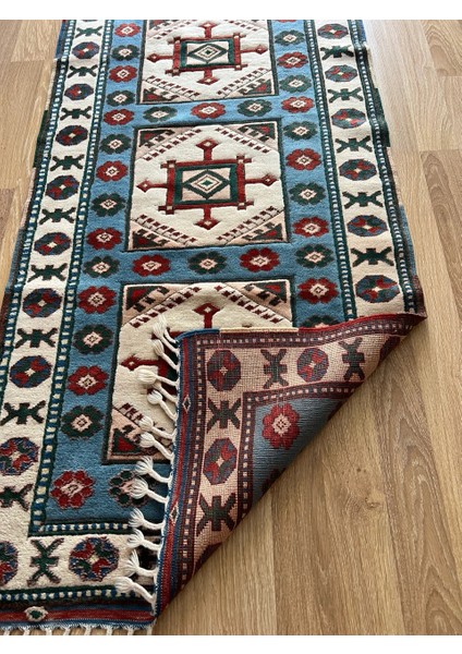 84 x 264 cm El Dokuma Uzun Yolluk, Mavi Bej Renkli Harika Kondisyonlu Yolluk, Vintage Severler Için Ev Dekoru fırsatları