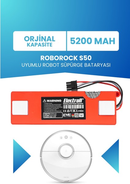 Roborock S50 Uyumlu Batarya (ORJİNAL KAPASİTE) 5200mah Pil Kutulu Robot Süpürge Bataryası Değişimi