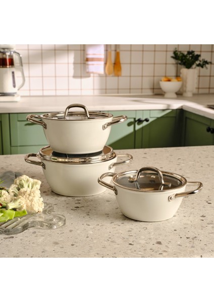 x Refika Birgül Swiss Crystal Metal Kulplu 6 Parça Midi Tencere Set Creamy