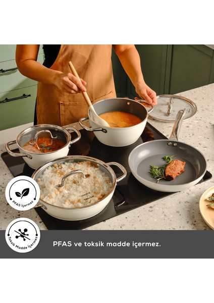 x Refika Birgül Swiss Crystal Metal Kulplu 6 Parça Midi Tencere Set Creamy