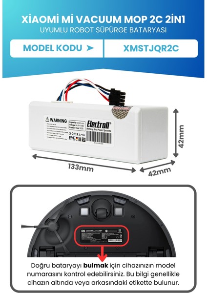 Xiaomi Mi Vacuum Mop 2c 2in1 Uyumlu Batarya (MEGA KAPASİTE) 5200mah Robot Süpürge Pil Xmstjqr2c