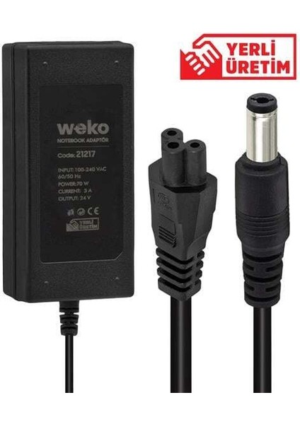 24 Volt - 3 Amper - 70 Watt 5.5*2.5 Uçlu Yerli Üretim Masaüstü Plastik Kasa Adaptör