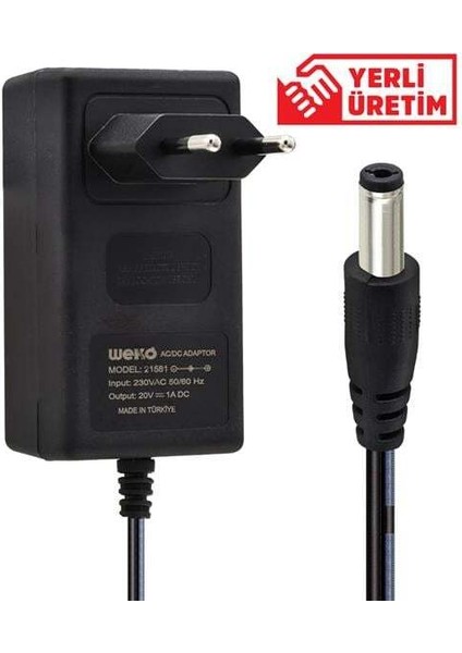 20 Volt - 1 Amper 5.5*2.5 Uçlu Yerli Üretim Priz Tipi Adaptör