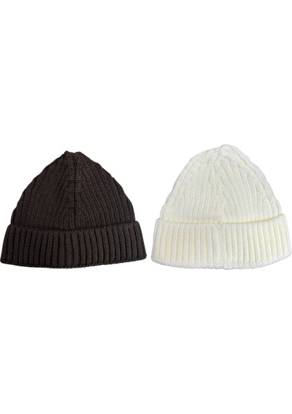 2'li Unisex Triko Kısa Kahverengi ve Beyaz Renkli Takke Bereler