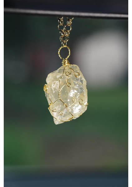 Limon Kuvars Doğal Taş Ham Parça Tel Sarmalı Dikiz Süsü