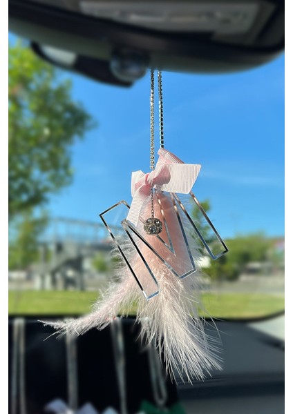 Şeffaf Gümüş Harfli Dikiz Süsü & Açık Pembe Kurdela & Rose Tüy