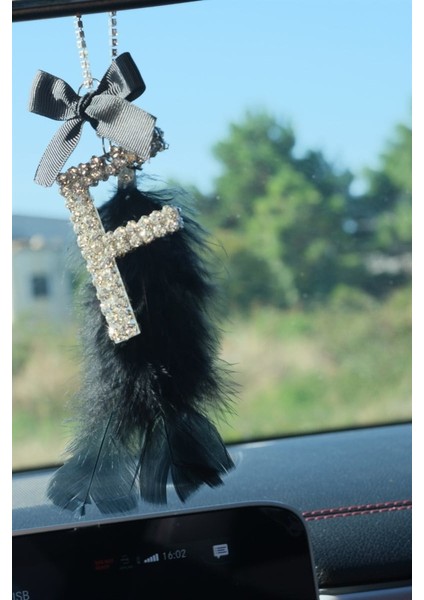 Gümüş 7 cm Dikiz Süsü & Siyah Tüy & Siyah Kurdela