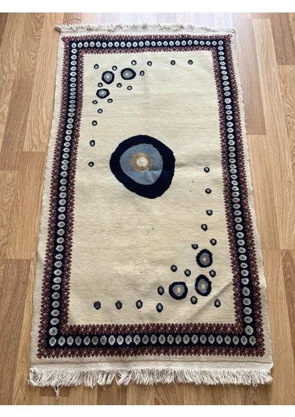 110 x 150 cm Bohem Tarzı Nazar Boncuk Desenli Halı, El Dokuma Yün Halı, Harika Kondisyonlu Şık Kilim
