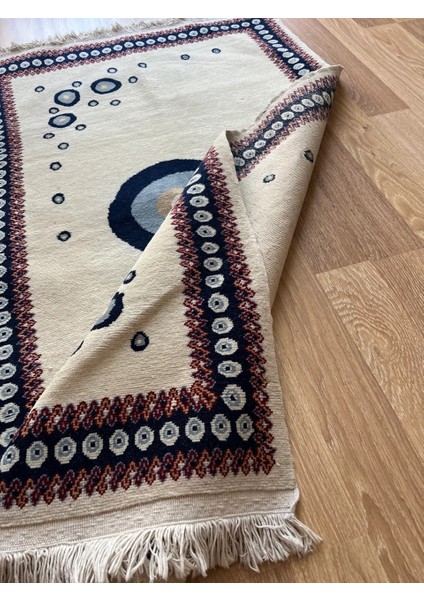 110 x 150 cm Bohem Tarzı Nazar Boncuk Desenli Halı, El Dokuma Yün Halı, Harika Kondisyonlu Şık Kilim modelleri