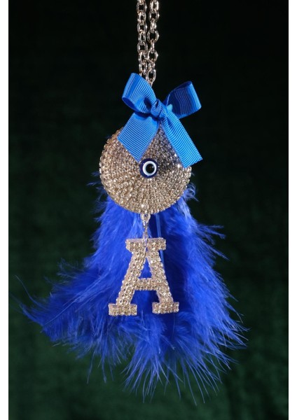 Saks Mavi Tüylü Kurdelalı ve Harfli Gümüş Nazar Dikiz Süsü fiyatları