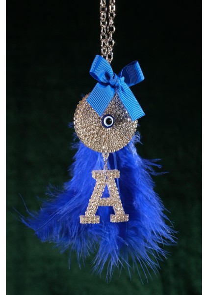 Saks Mavi Tüylü Kurdelalı ve Harfli Gümüş Nazar Dikiz Süsü modelleri