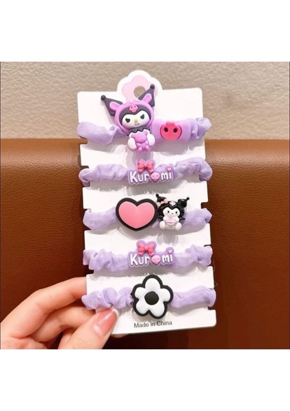Kuromi Sanrio Kawaii Kore 5li Lastik Simit Saç Toka Set Genç Kız Prenses Doğum Günü Okul Hediye