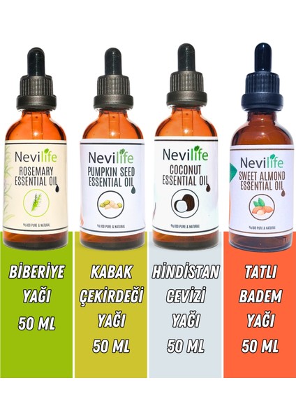 4'lü Bakım Yağları Biberiye, Kabakçekirdeğ, Hindistan Cevizi, Tatlı Badem Yağı 50 ml