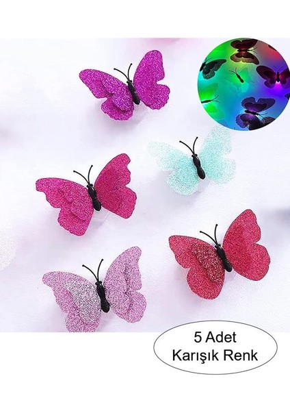 5 Adet Karışık Renk Kelebek Dekor LED Renk Simli Duvar Etiket