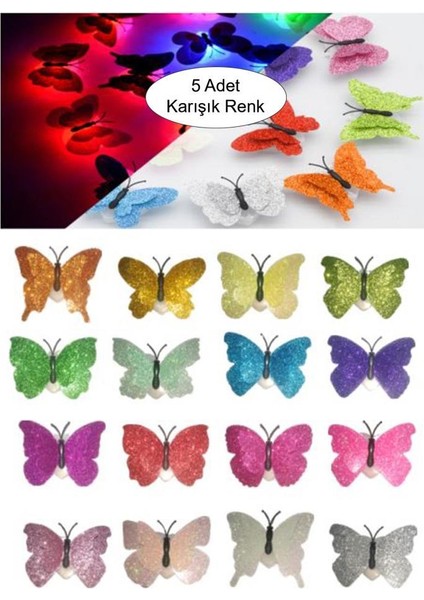 5 Adet Karışık Renk Kelebek Dekor LED Renk Simli Duvar Etiket modelleri